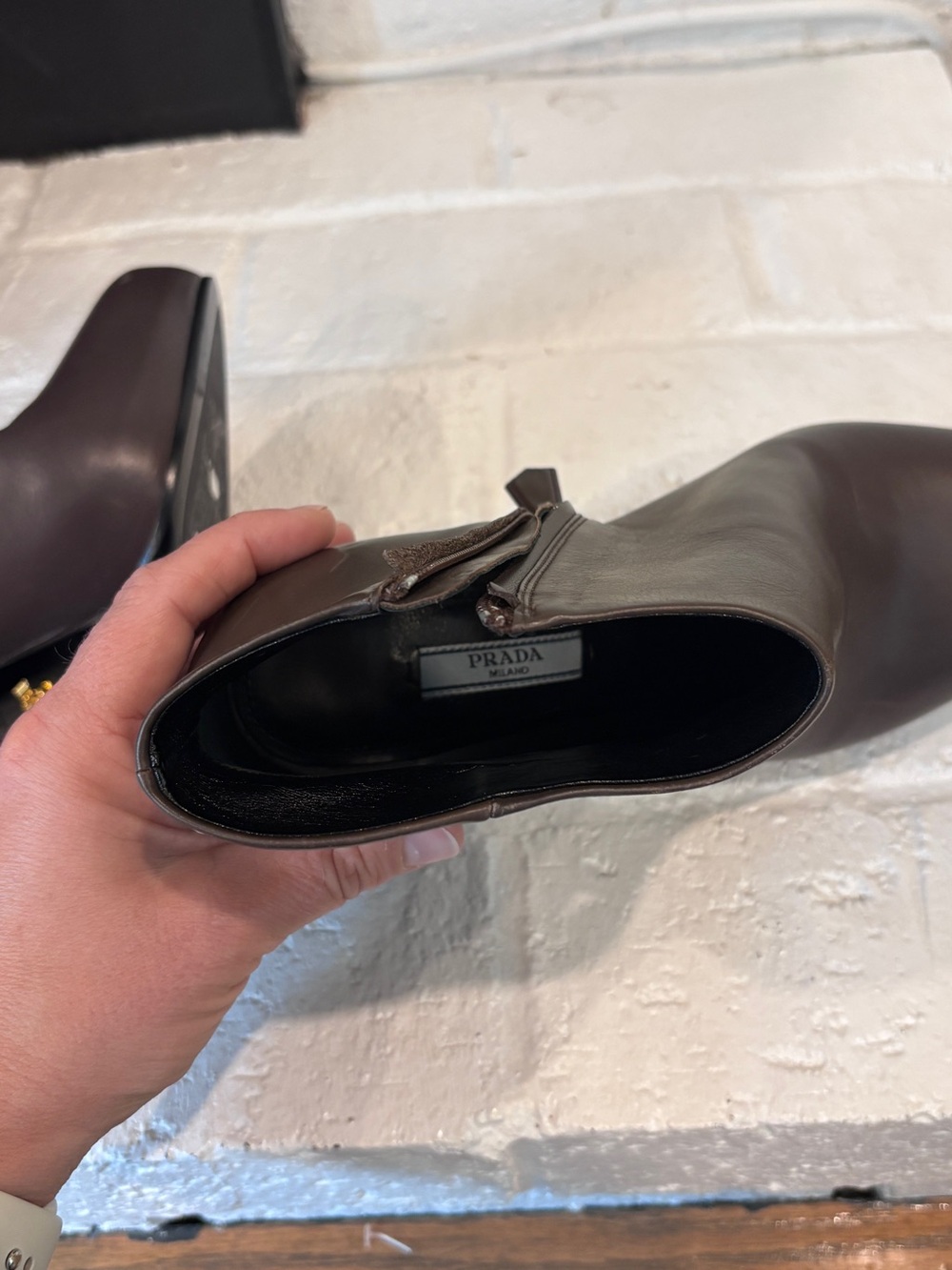 Prada Women's Brown Leather Block Heel Ankle Boots - Picture 9 of 9